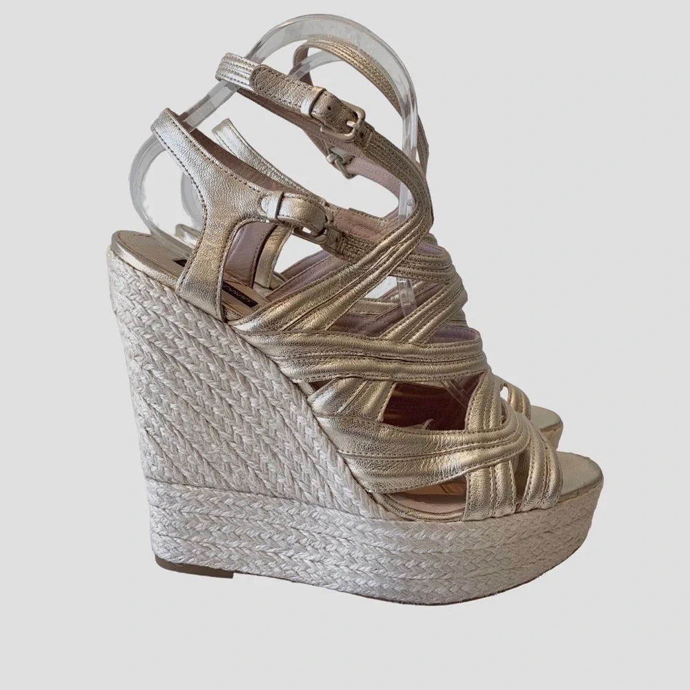 JOAN & DAVID METALLIC GOLD LEATHER STRAP ESPADRILLE WEDGE SANDALS